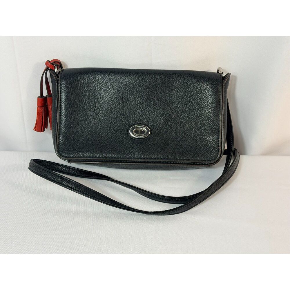 Tignanello Black Pebbled Leather Crossbody Shoulder Bag Red Tassel Chic Staple